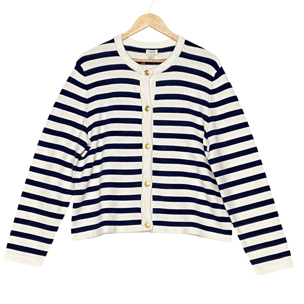 J.Crew Women's XL Striped Gold Button Cardigan Sweater Nautical Classic NWT